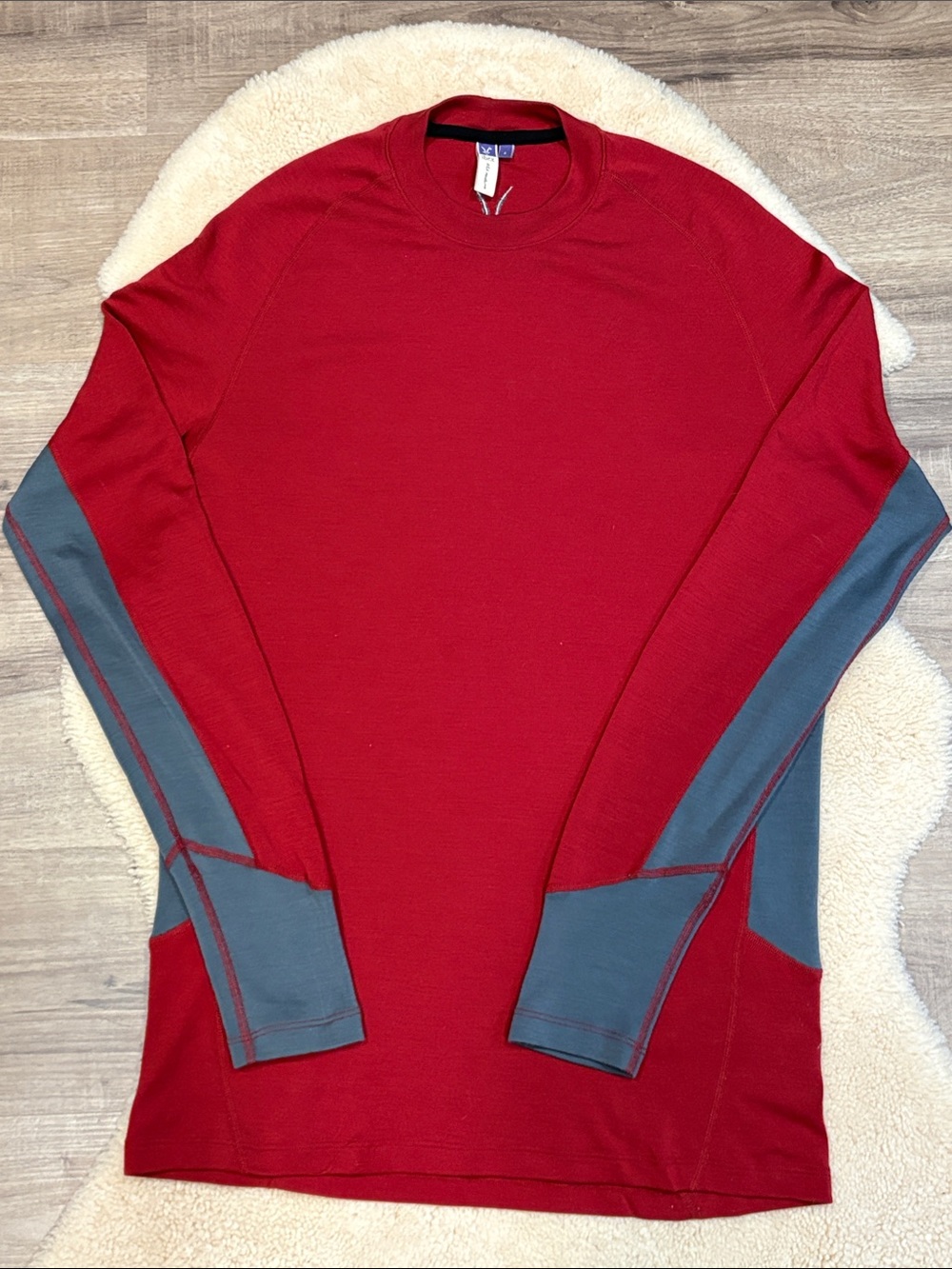 Ibex Red Long-Sleeve Base Layer Merino Top with Gray Accents